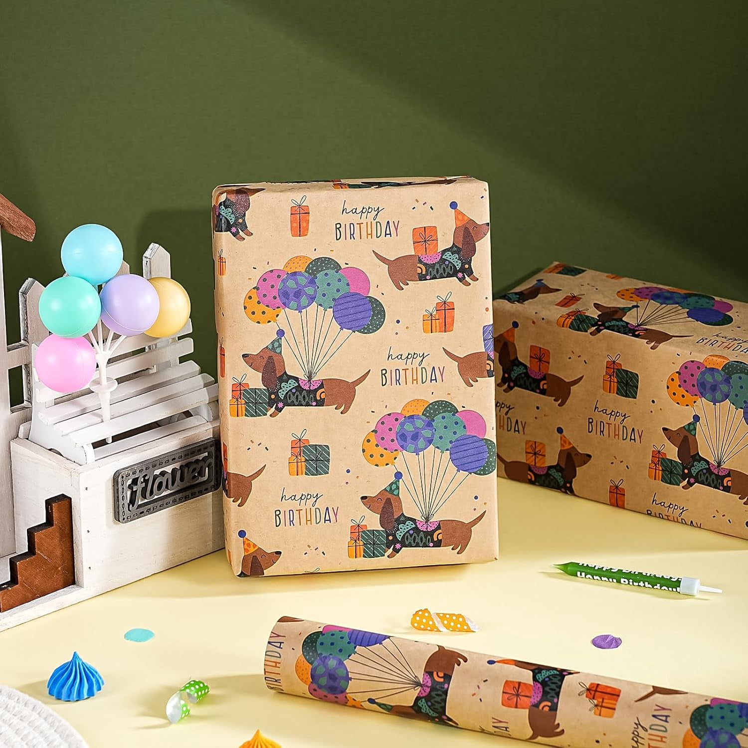 Kraft Dog Birthday Wrapping Paper Roll - Mini Roll - 17 Inch x 16.5 Feet - Dachshund Dog Wrapping Paper Perfect for Kids Boys Girls Birthday, Dogs Lover