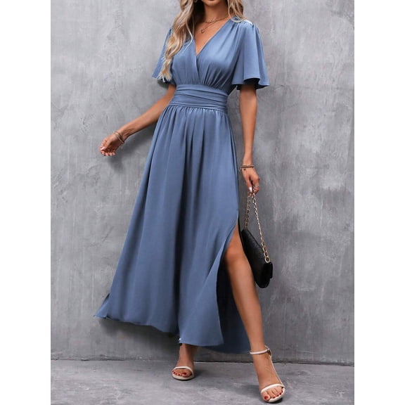 Dusty Blue V-Neck Butterfly Sleeve High Slit Maxi Dress For Women