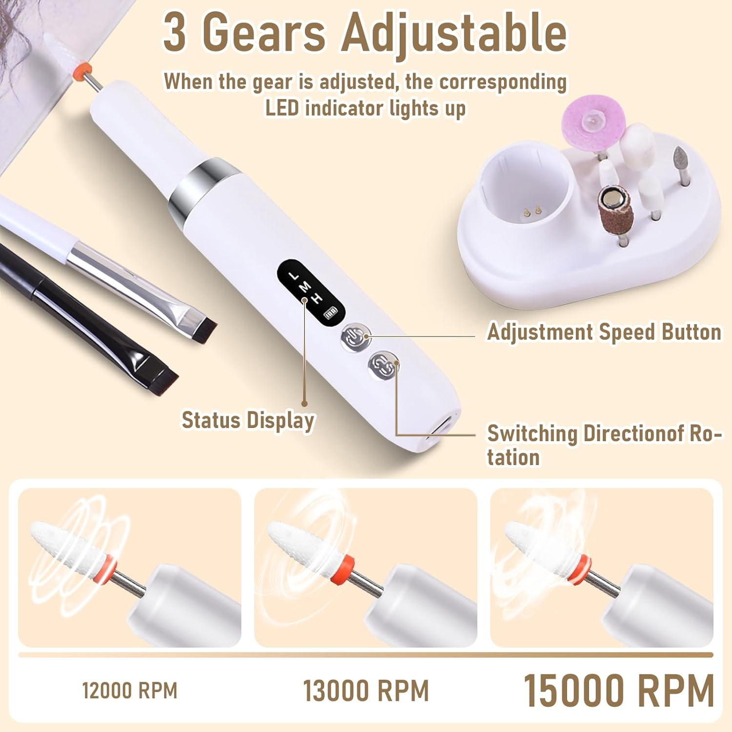 Aorsher Rechargeable Cordless Electric Nail Drill Kit, Professional Electric Nail File for Acrylic Gel Dip Powder Nails, 3 Speeds 15000RPM, Portable Manicure Pedicure Tool