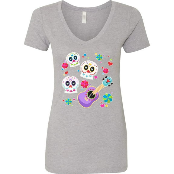 Inktastic Day of the Dead Owl Sugar Skulls and Guitar Women's V-Neck T-Shirt