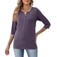 thumbnail image 6 of Womens Buttons Tops 3/4 Length Sleeve V Neck Loose Casual Summer T Shirts, Purple L, 6 of 6