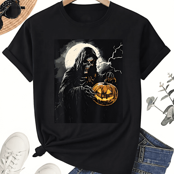 KeHetSoft Unisex Halloween Reaper Pumpkin Cotton Graphic T-Shirt