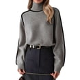 thumbnail image 2 of Female Mock Neck Pullover Sweaters Casual Fall Winter Long Sleeve Color Block Loose Knitted Tops Gray M, 2 of 9