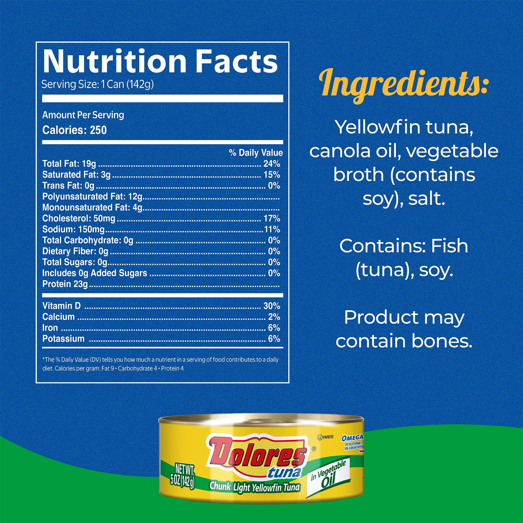 (6 pack) Dolores Tuna, Chunk Light Yellowfin Tuna in Vegetable Oil, 5 oz Can