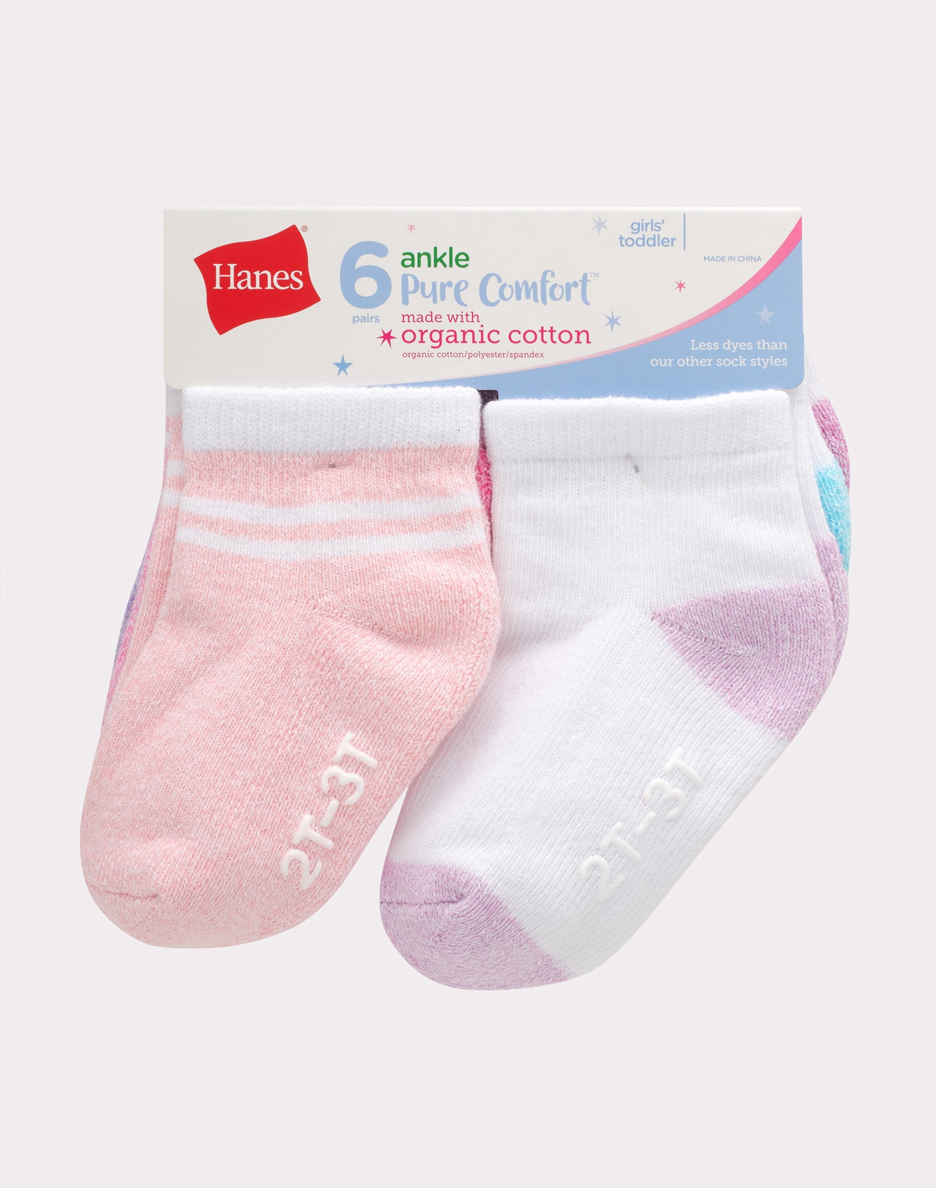 Hanes Pure Comfort Infant/Toddler Girls’ Ankle Socks, Organic Cotton, 6-Pairs Assorted 24MTH
