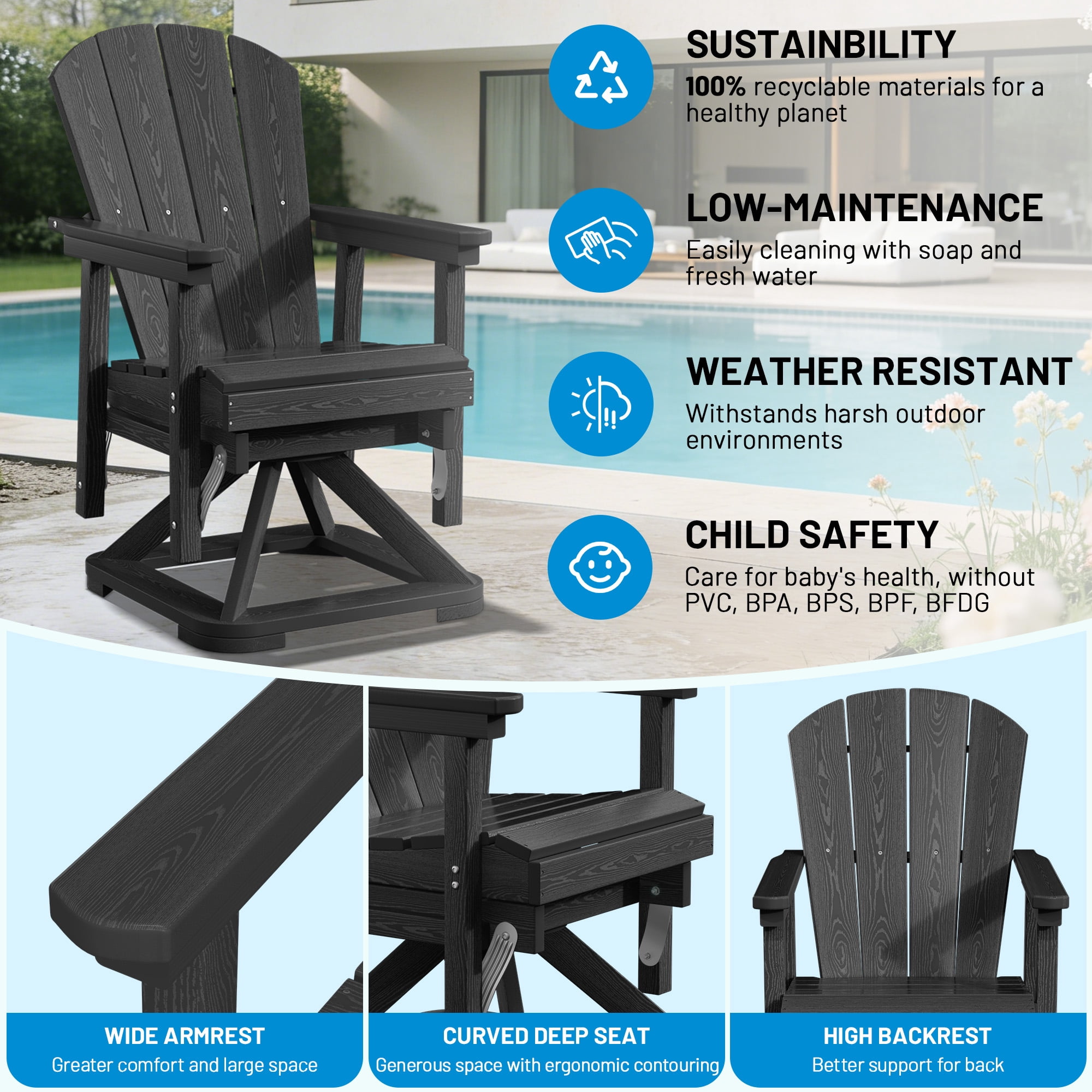 Easthome 360°Swivel Glider Adirondack Chair All-Weather HDPE Outdoor Rocking Chair with Ergonomic Backrest, Outdoor Swivel Rocker for Patio, Porch & Deck - Black