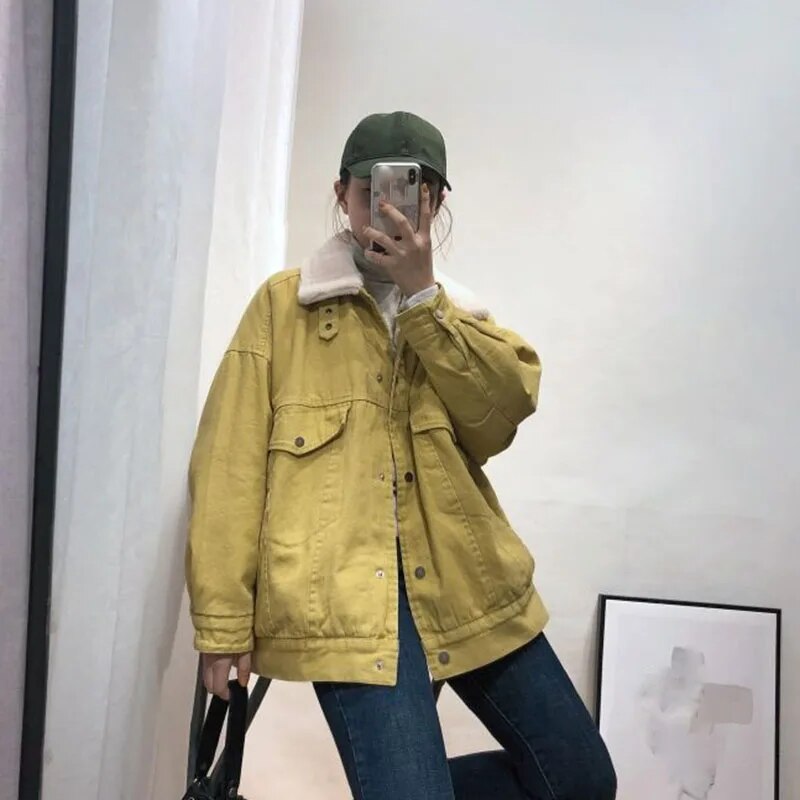PIKADINGNIS New Winter Denim Jacket Women Korean Casual Thick Warm Plush Parka Ladies Yellow Turndown Collar Chic Tooling Coat - image 4 of 6
