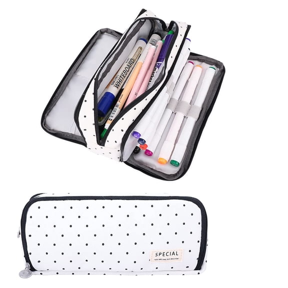 Polka Dot Pencil Case, 3 Compartments Canvas Black and White Polka Dot Pencil Pouch