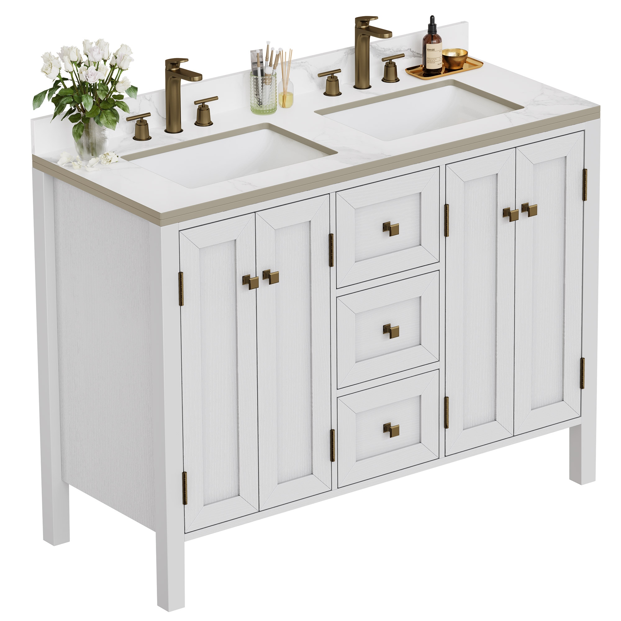 Uforic 47 Inch Double Sink Bathroom Vanity, Mid-Century Modern Bathroom Storage Cabinet with Sintered Stone Countertop, 4 Soft-close Doors & 3 Drawers