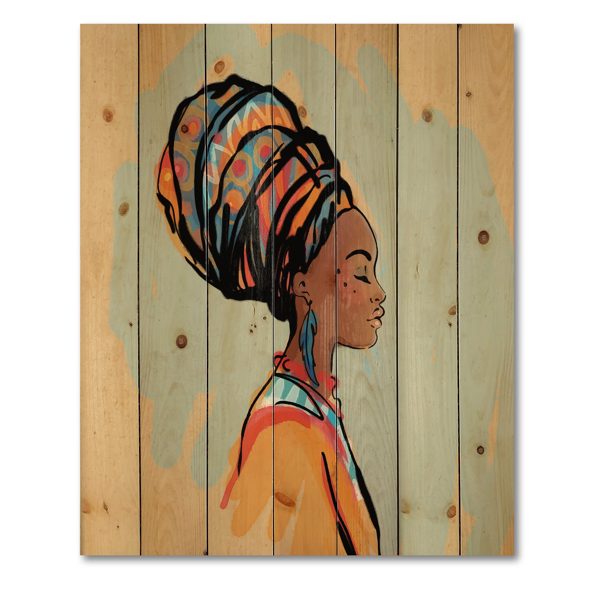 Designart 'Portrait of African American Woman With Turban III' Modern Print on Natural Pine Wood