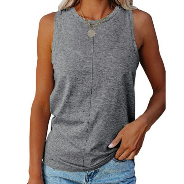 Débardeurs d'Entraînement d'Été Grande Taille pour Femmes, 2024 Camisole Sans Manches à Encolure Ronde Centrale Unie Hauts Confort pour Femmes Couleur Débardeurs et Camisoles Décontractés pour Femmes Gris