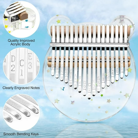 Kalimba Thumb Piano 17 Keys Cute Bear Acrylic Finger Piano with Hard and Study Instruction
