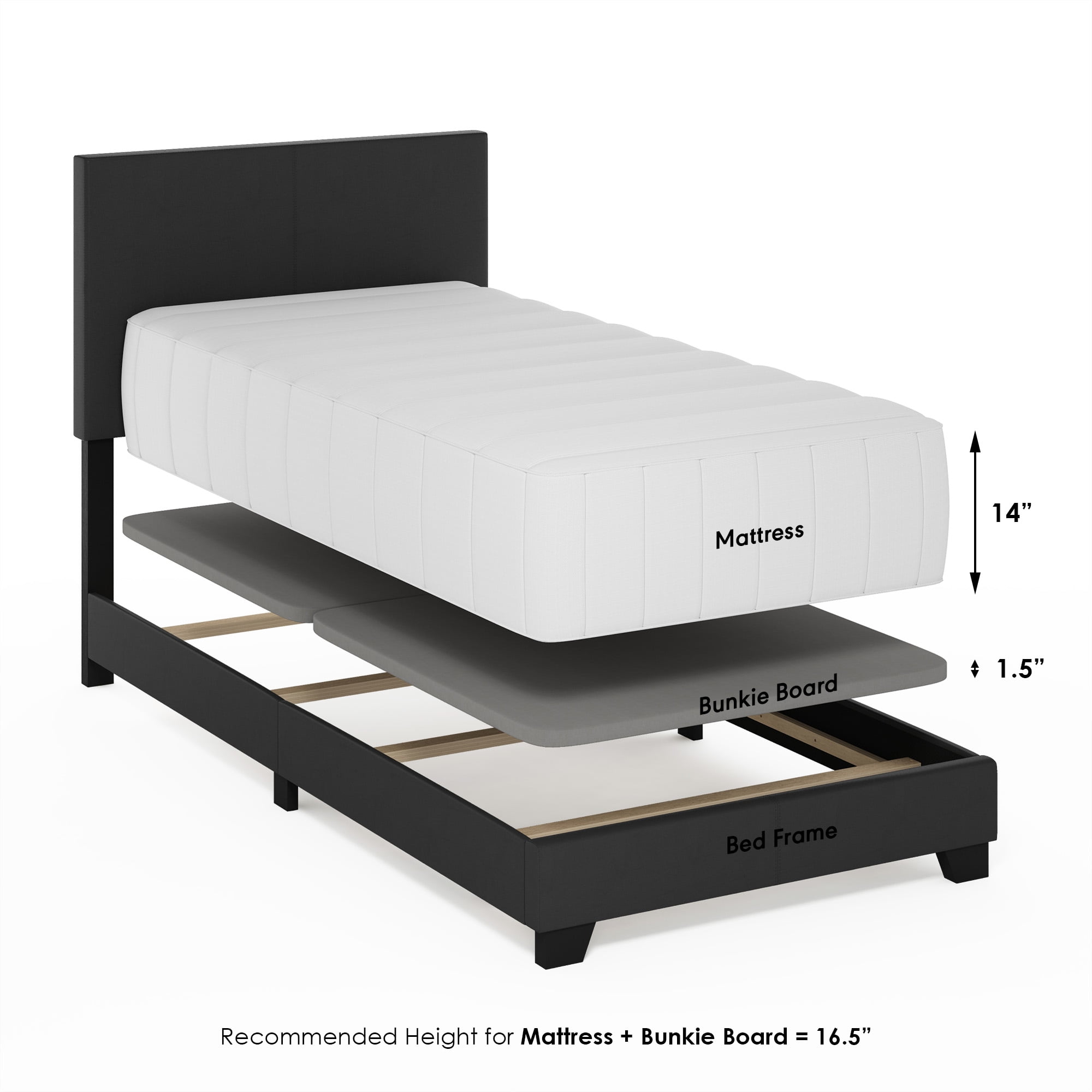 Furinno PESSAC Twin XL Upholstered Bed Frame with PU Leather Headboard and Wooden Slat Support, Black