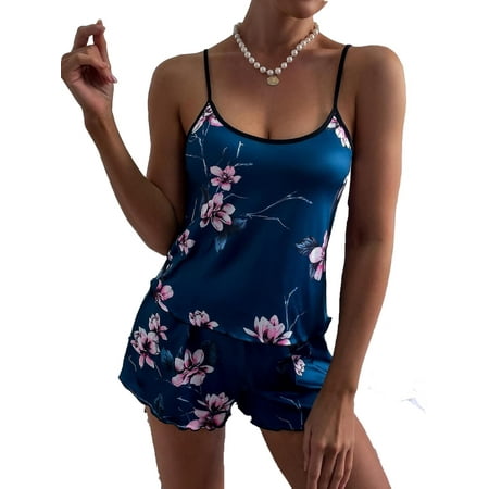 

2pcs Set Elegant Floral Print Cami Short Sets Sleeveless Navy Blue Women s Pajama Sets (Women s)