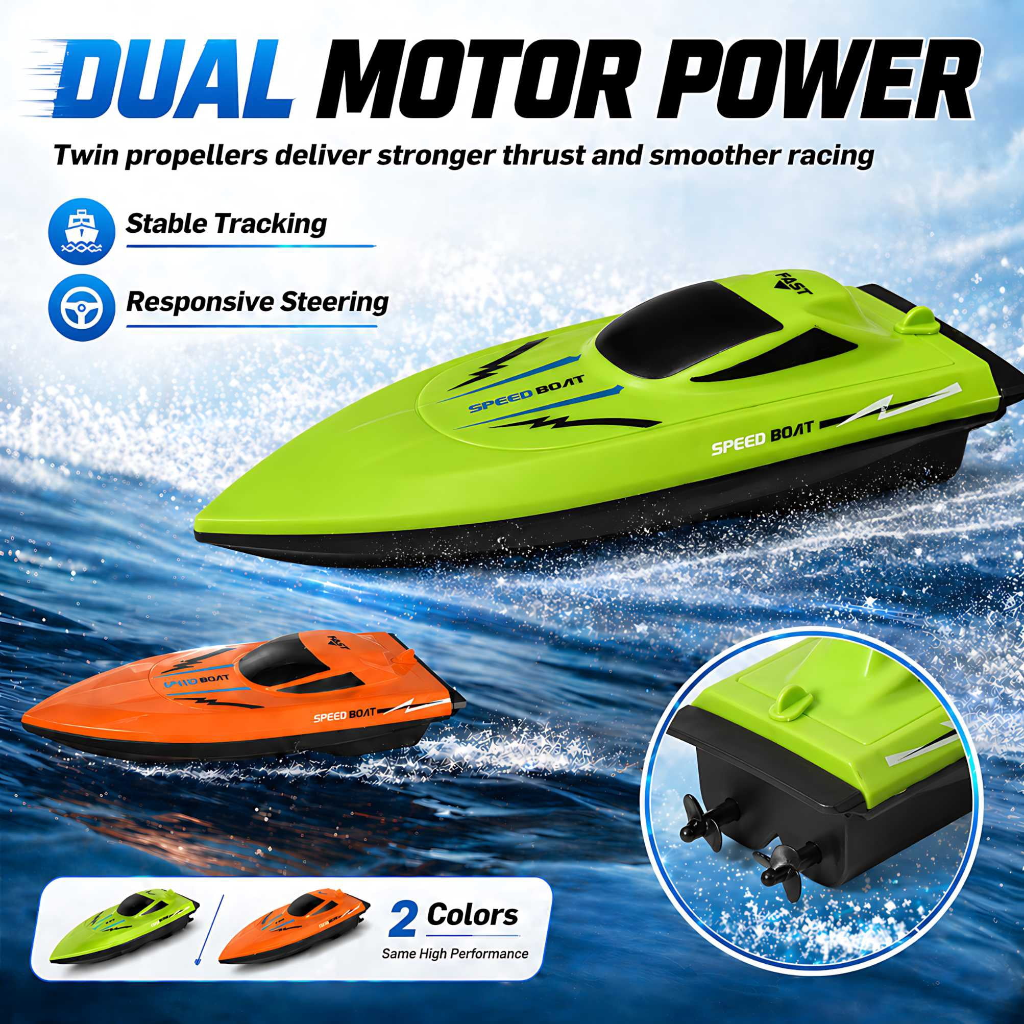 Remote Control Boat 2-Pack, 2.4G Dual Motor Speedboats for Pools and Lakes, Waterproof Outdoor Water Toy for Kids Age 6+, Orange & Green