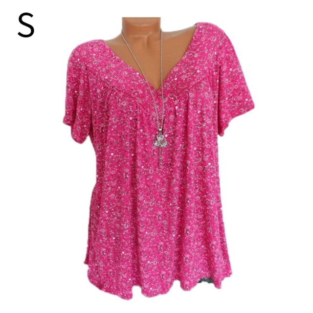 Camiseta de mujer con cuello en V, manga corta, camiseta de verano informal estampada, rojo, S kenally AP001653-17
