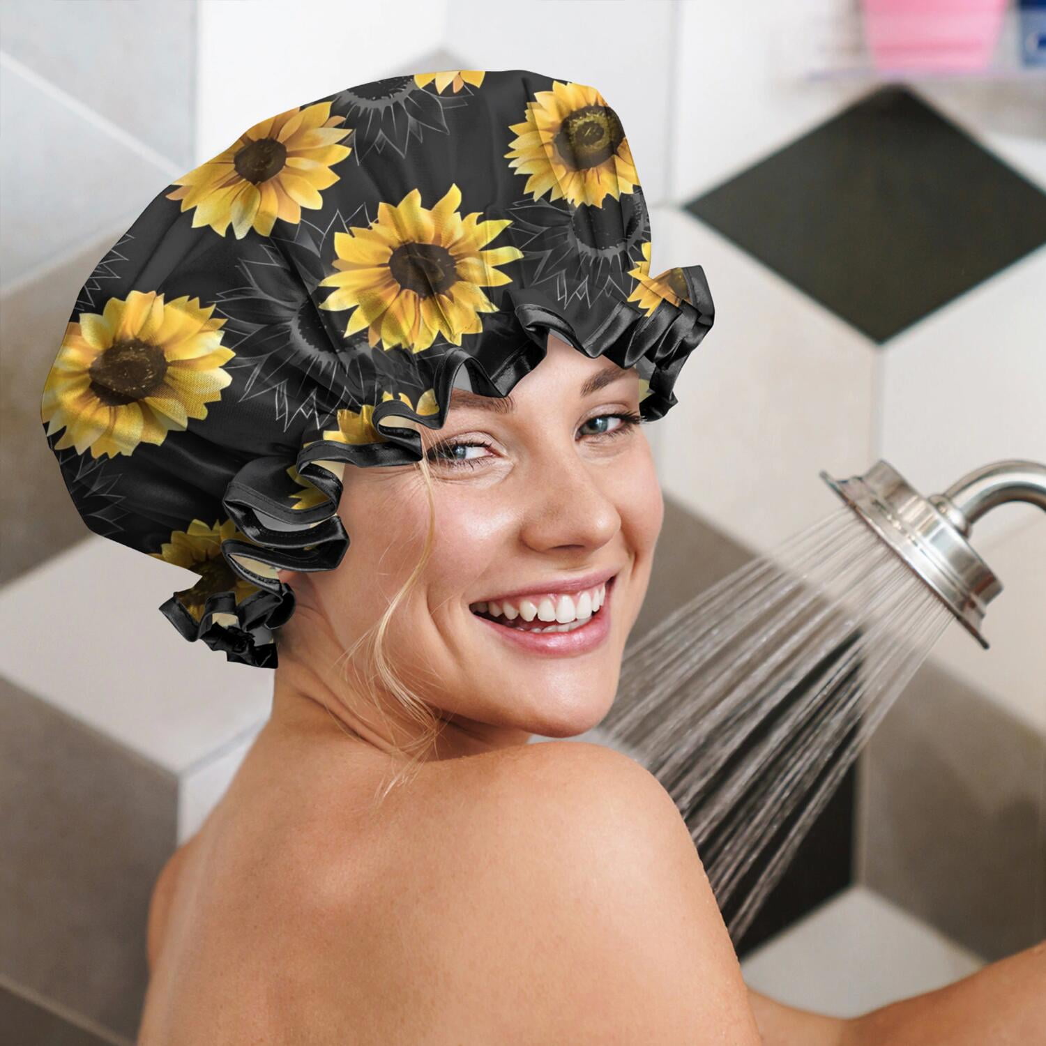 Shower Caps,Black Sunflower Gray Petal Pattern Waterproof Shower Cap for Women 4 Pieces,Double Reusable Hair Cover for Shower PEVA Elastic Stretch Hem
