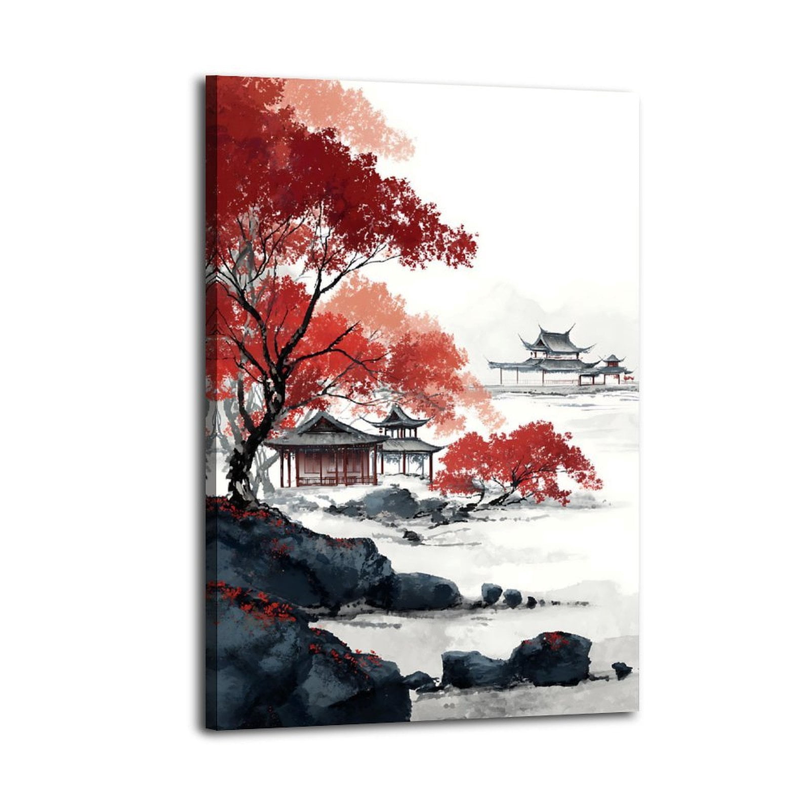 Larbulse  Chinese Landscape Black Pavilions Rock Red Trees Ink Painting Canvas Wall Art Home Decor Poster Vintage Funny Print Picture Abstract Bedroom Living Room Kitchen Posters Decor