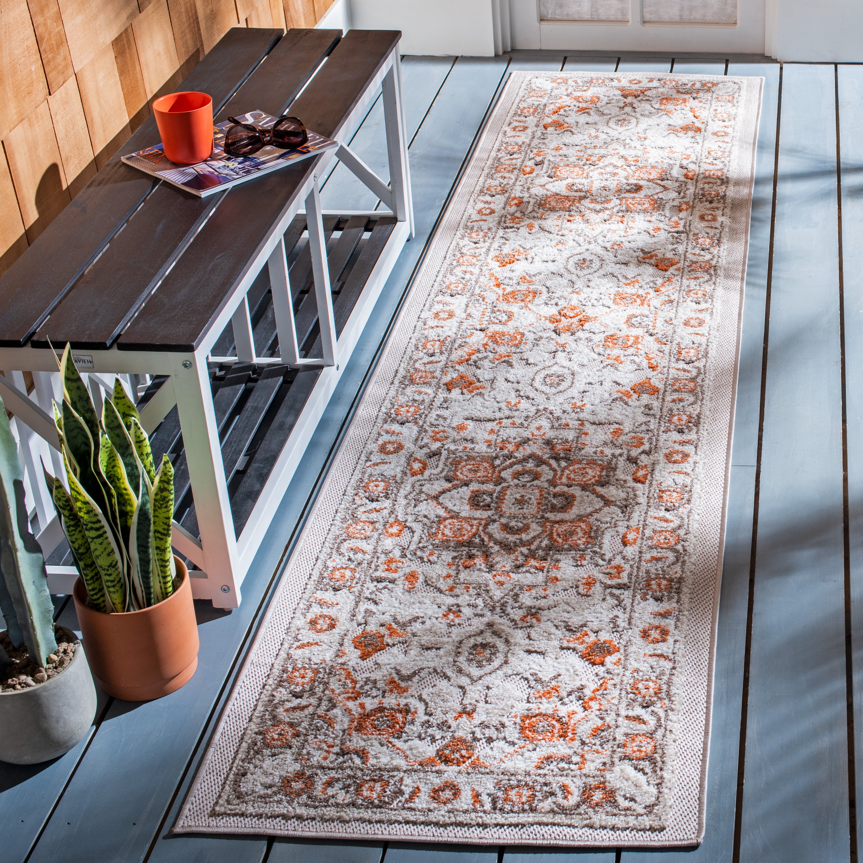 SAFAVIEH Cabana Greta Medallion Indoor/Outdoor Runner Rug, Beige/Orange, 2'2" x 11'