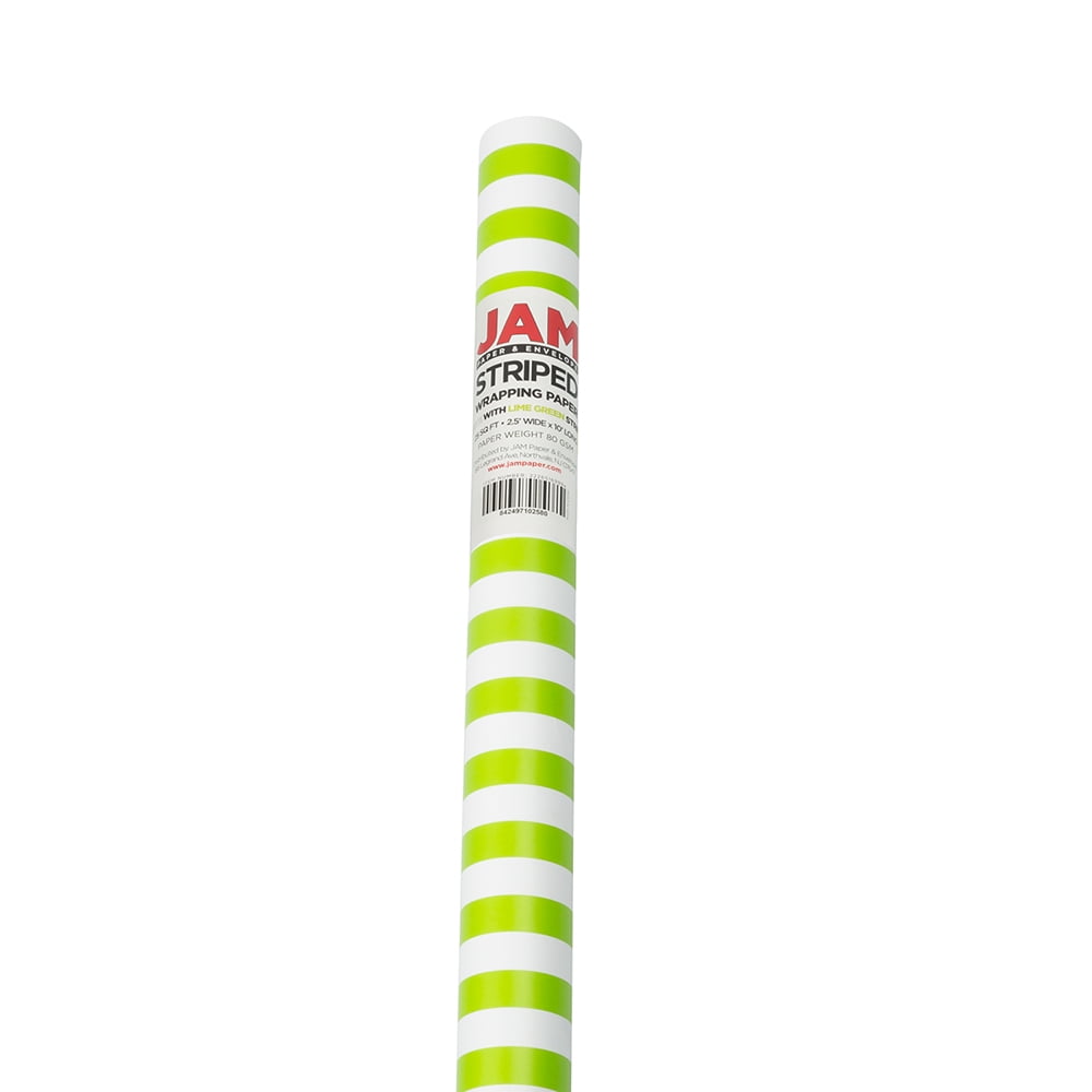 JAM Paper Stripe Wrapping Paper, 50 Sq ft Total, Lime Green & White, 2 Rolls per Pack