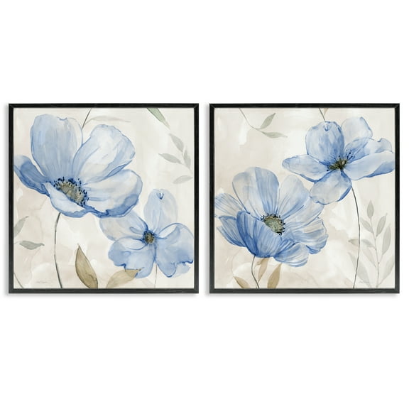 Stupell Industries Blue Tone Various Flowers Floral Painting Black Framed Art Print Wall Art, 12 x 12, Set of 2