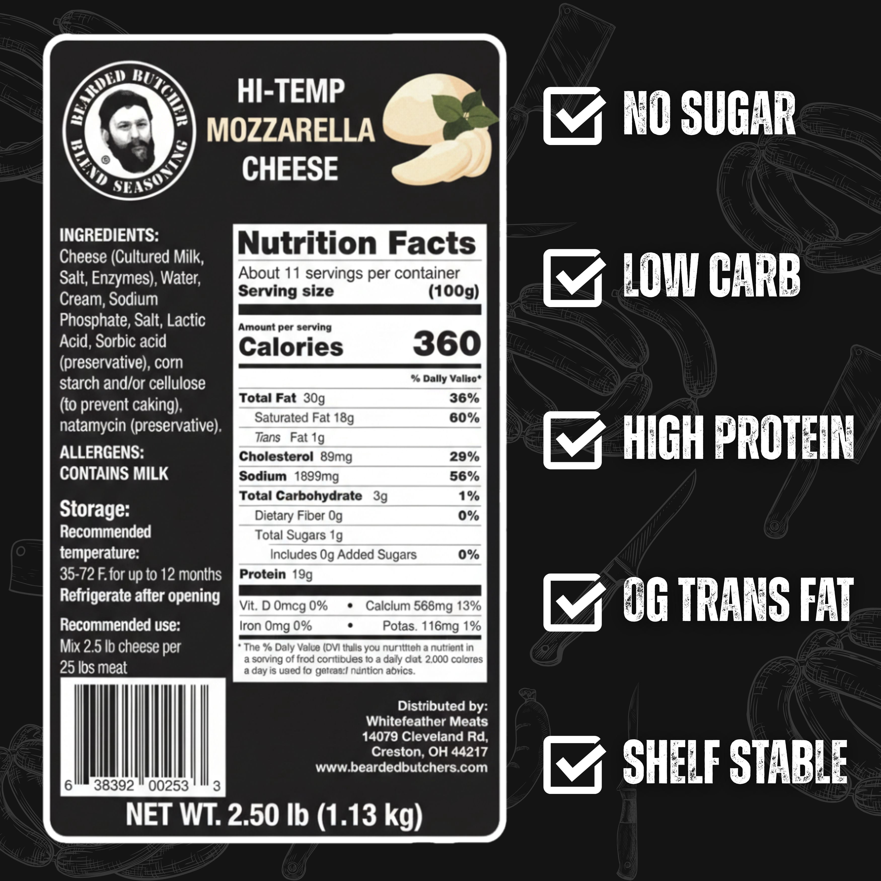 The Bearded Butchers High-Temp Mozzarella Cheese 2.5 lb Bag – Diced Cubes, Non-Melting Cheese for Meat