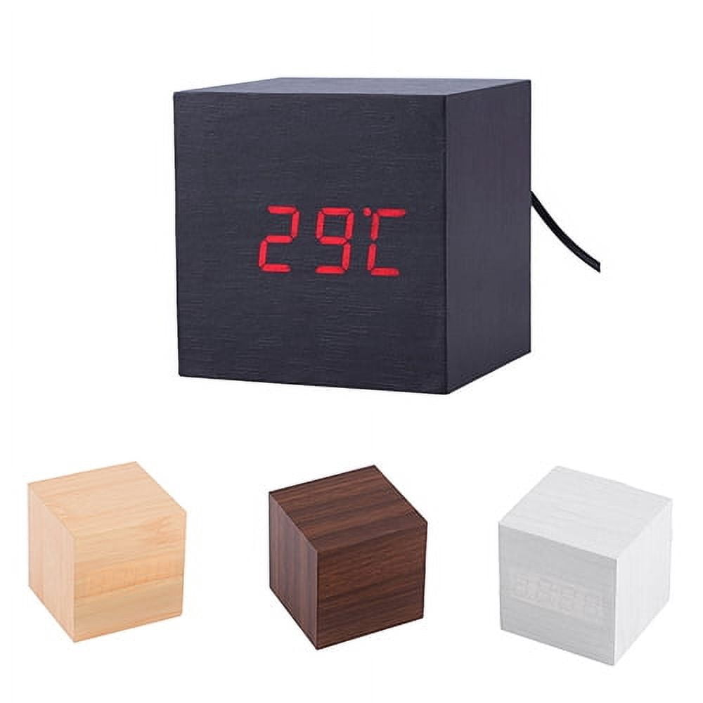 NUZYZ Modern Wooden Cube Digital LED Thermometer Timer Calendar Desk Alarm Clock