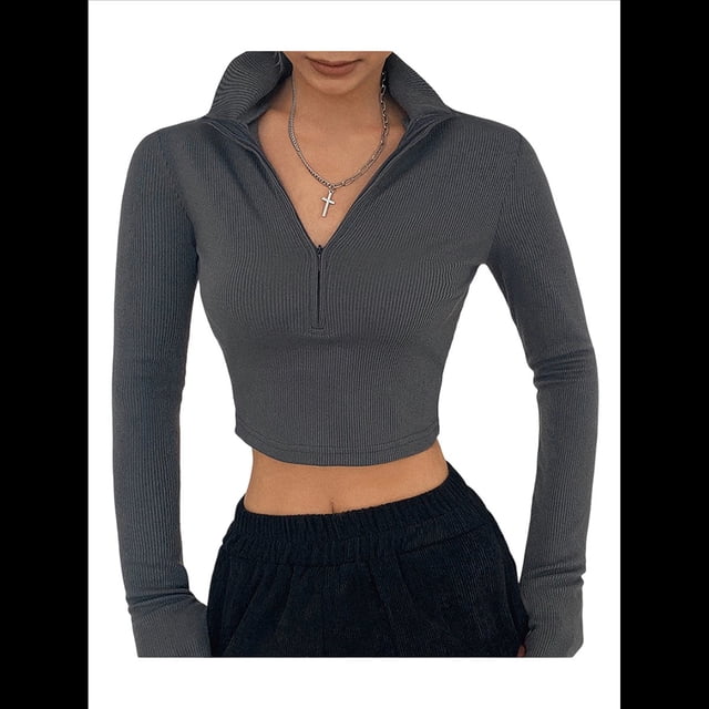 Camisas de Larga para Mujer, Blusas Informales de Negocios con Cuello en V, Suéter de Punto Acanalado, Blusas Ajustadas, Ropa Y2k Gris M