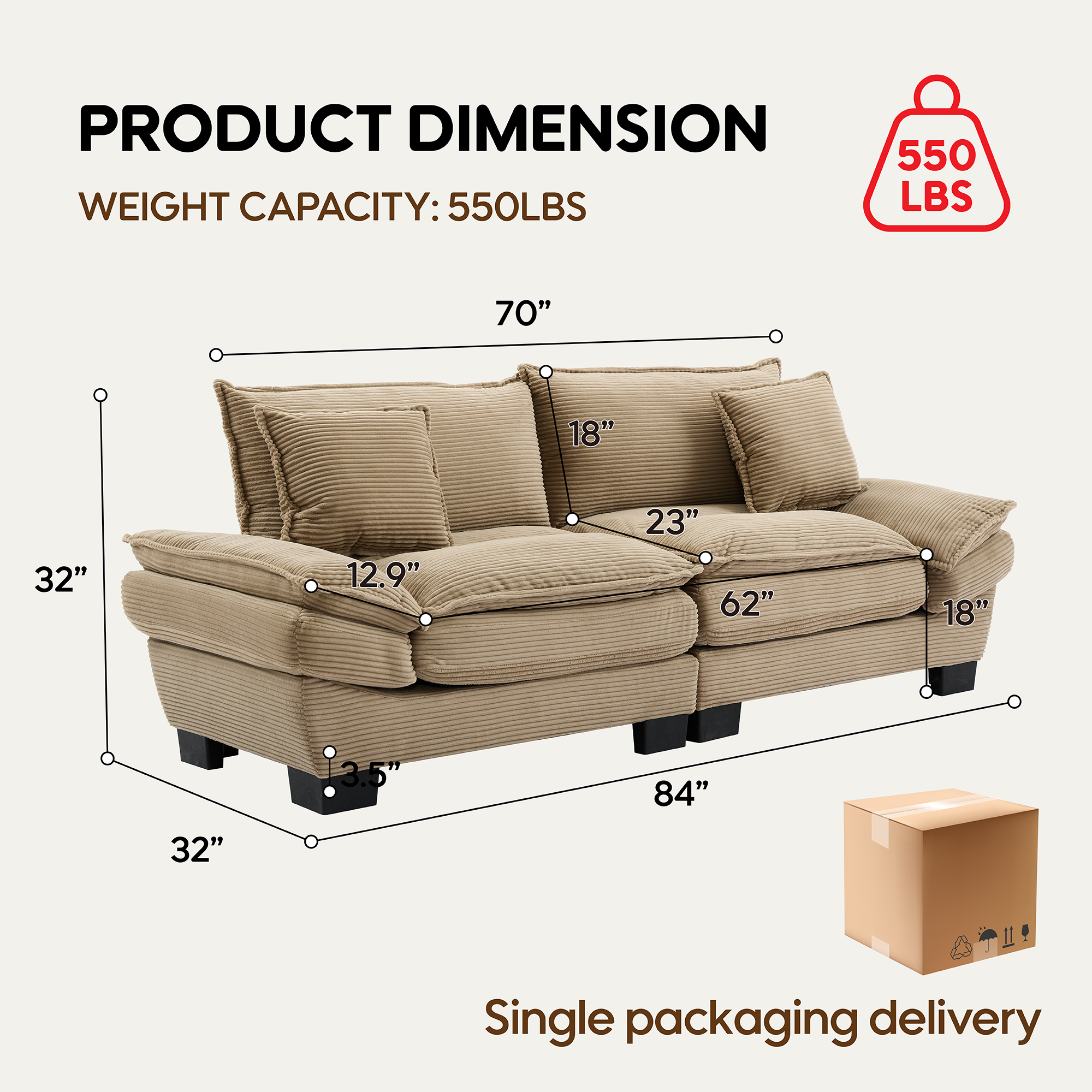 84" Comfy Corduroy Sofa 2-Seater Deep Seating Loveseat with Pillows for Small Spaces