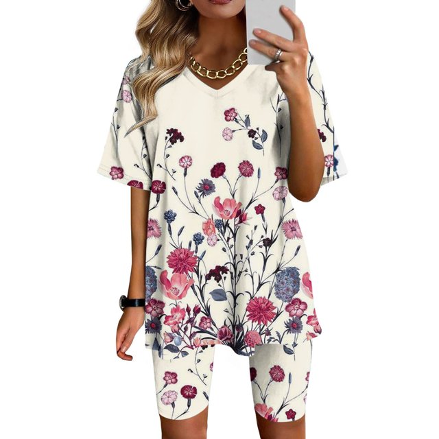 Ensembles d'Été Mode Femmes Blouse Col en V Manches Courtes Hauts Shorts Ensemble Décontracté Deux Pièces en Solde