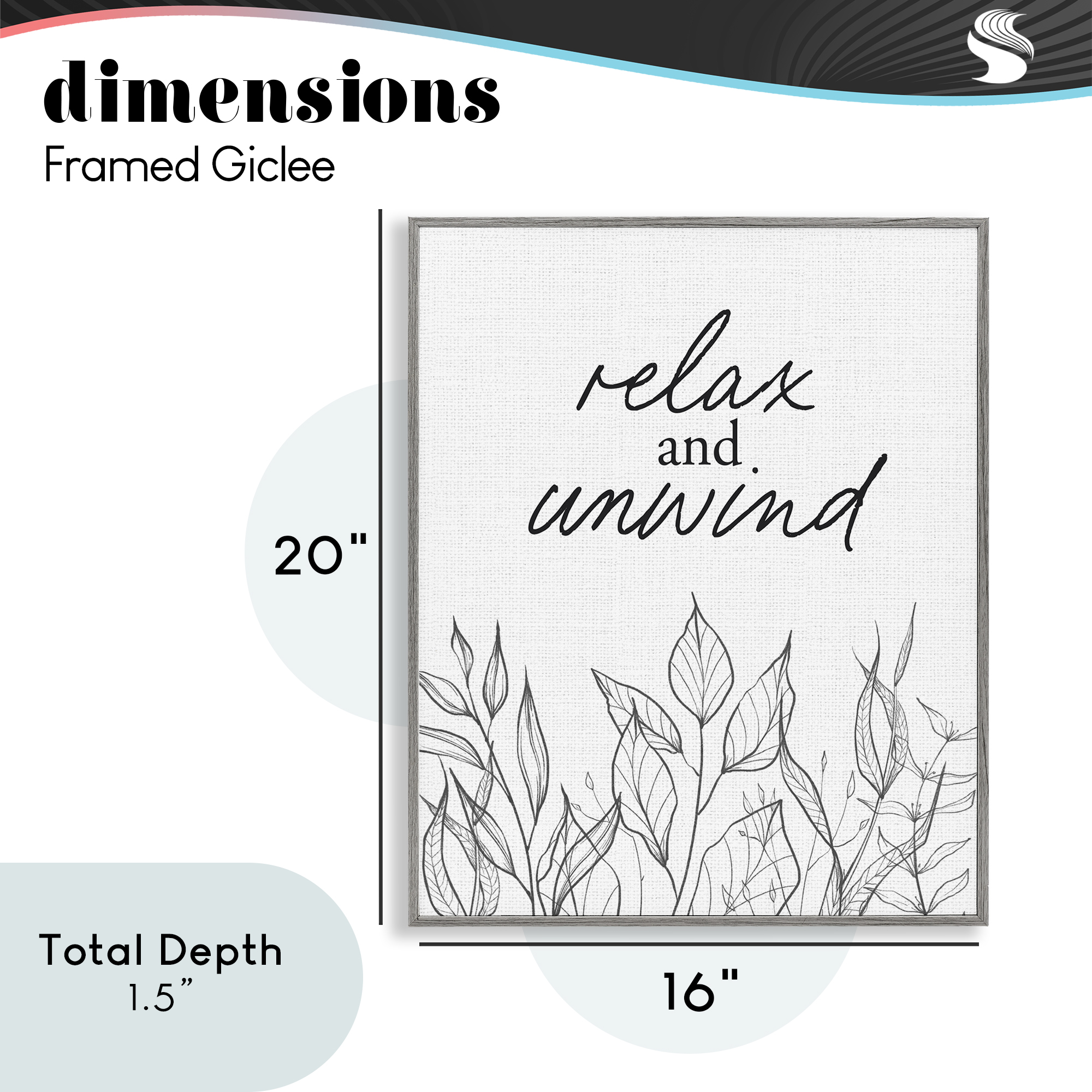 Relax Unwind Minimalist Leaves Gray Framed Giclee Art, design by Lettered and Lined