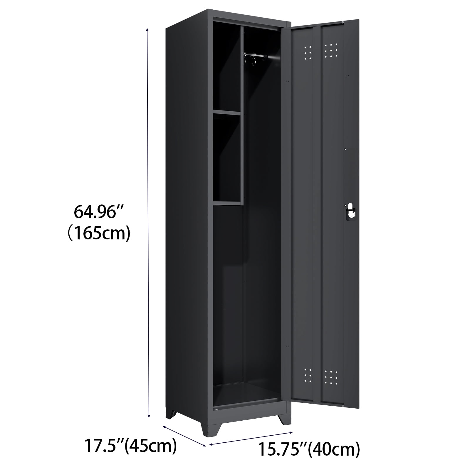 Tall Narrow Metal Storage Cabinet with Lock, 65" Slim Utility Organizer with Hanging Rod & Fixed Shelves, Ventilated Cleaning Supply Cabinet for Laundry Room, Garage, Entryway