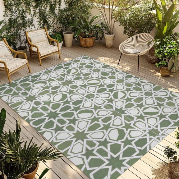 Sage Green Outdoor Rug for Patio/Deck/Porch, Non-Slip Large Area Rug 6 x 9 Ft, Retro Abstract Morocco Geometric Texture Indoor Outdoor Rugs Washable Area Rugs, Reversible Camping Rug Carpet Runner
