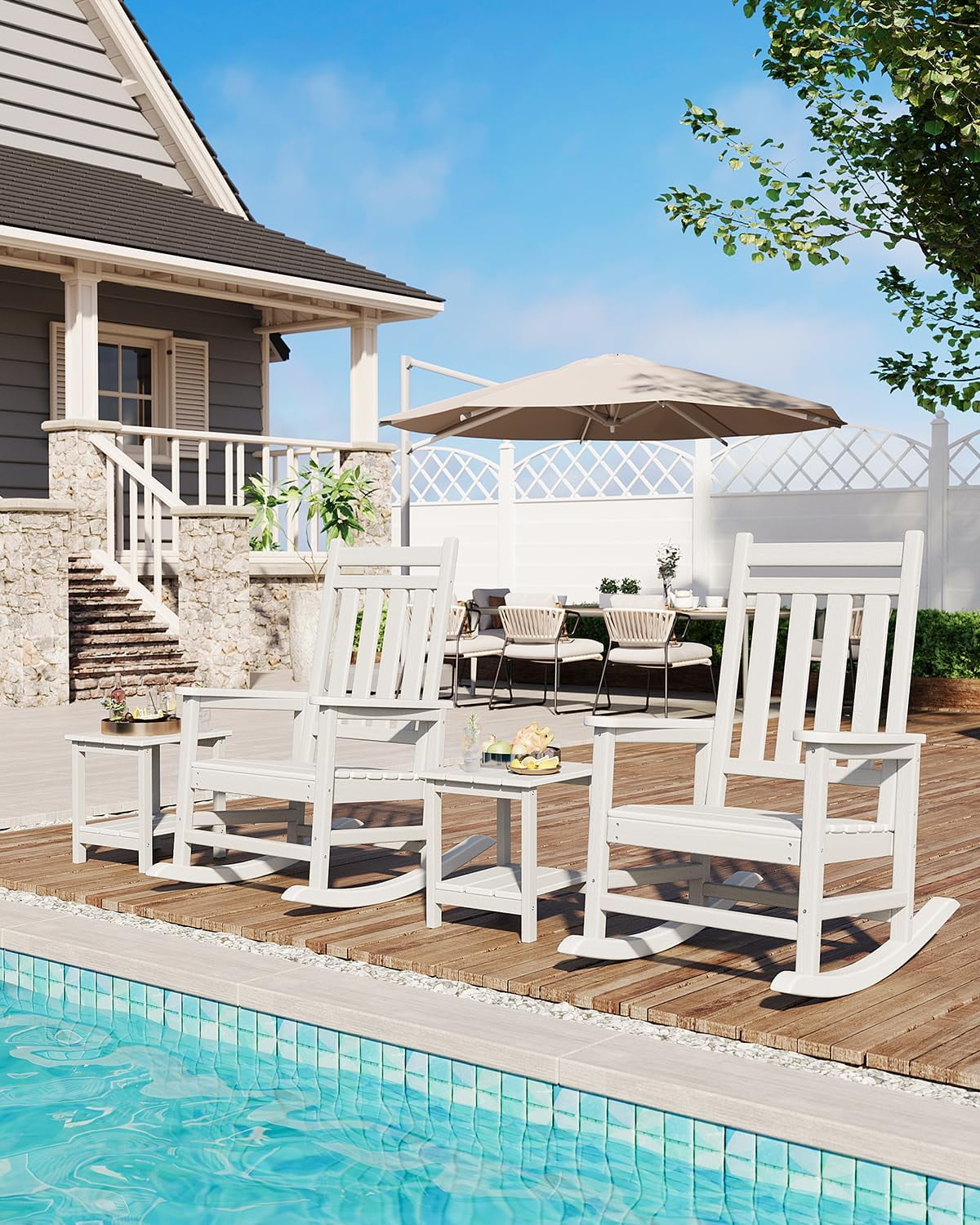 Rocking Adirondack Chair Outdoor, HDPE High Back Porch Rocker Chairs for Adults, All Weather Resistant Furniture for Patio, White