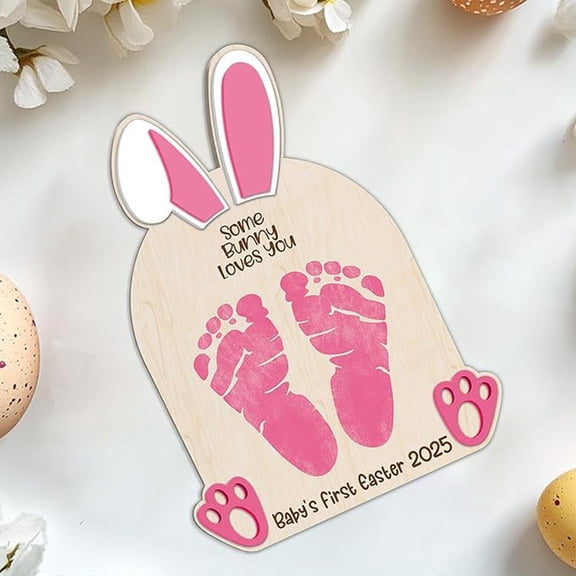 StlyGar DIY Easter Footprint or Handprint Art Sign Pad, 3D Newborn Bunny Wooden Milestone,First Easter Keepsake Craft Gift Nursery Decor Photo Props Pink