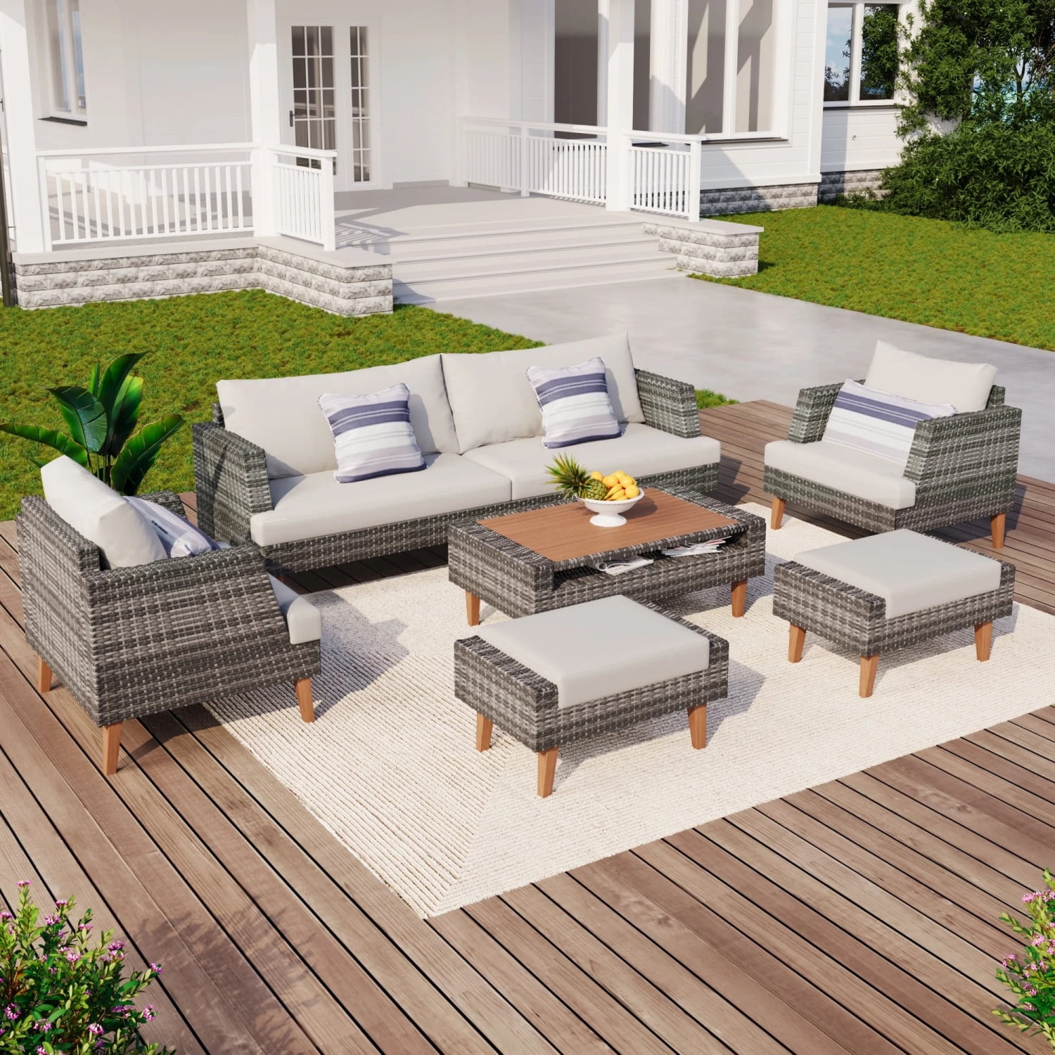 6-Piece All-Weather Patio Furniture Set, PE Wicker Sofa Conversation Set with Double Cushions & Acacia Wood Table, Beige ﻿