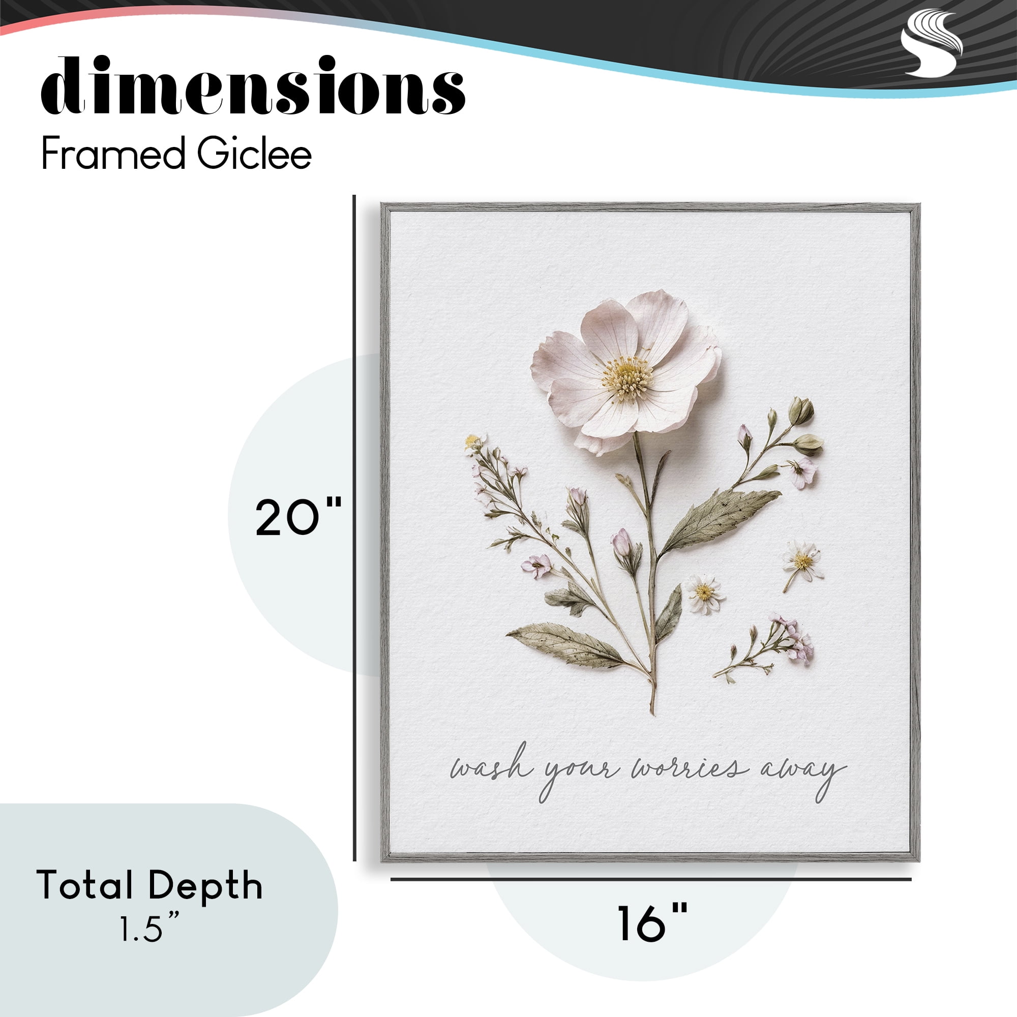 Pressed Flower Wash Worries Away Gray Framed Giclee Art, design by Lettered and Lined