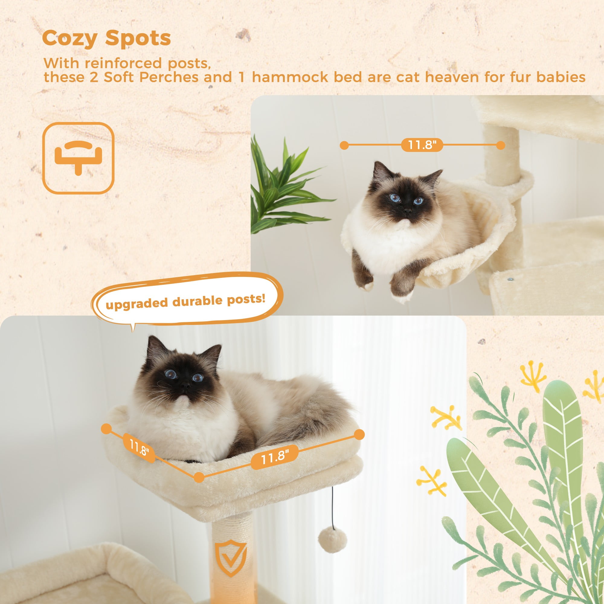 Kadyn 64" Multi-Level Cat Tree Tower for Large with Hammock, Plush Cat Condos for Indoor Cats, Beige