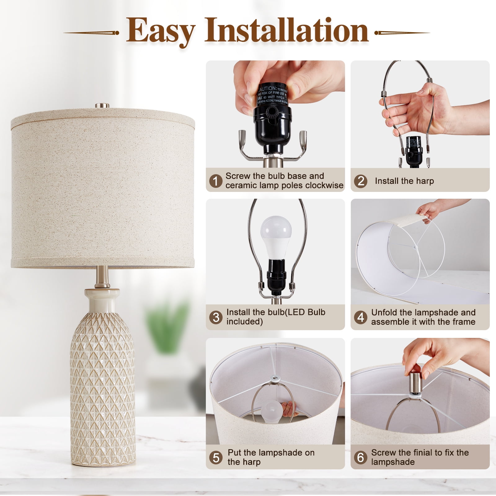 NATYSWAN Ceramic Table Lamps Set of 2, 24.8" Bedside Lamps with 3-Color Temperature, Modern Nightstand Lamp Desk Reading Lamp with Fabric Drum Shade for Bedroom, Living Room, Office, 2 Bulbs Included
