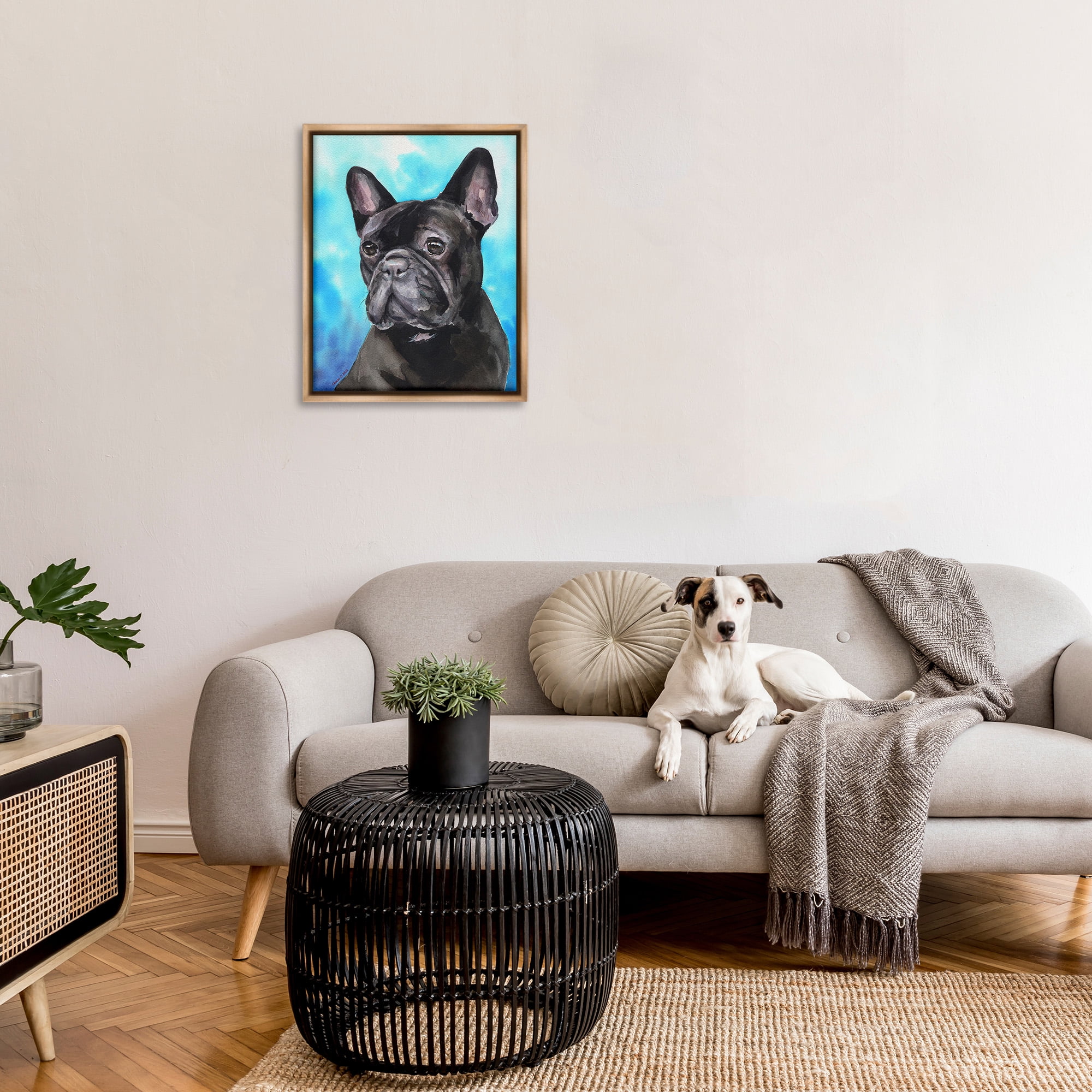 Stupell Industries French Bulldog on Blue Animals & Insects Painting Brown Floater Framed Canvas Art Print Wall Art, 25 x 31