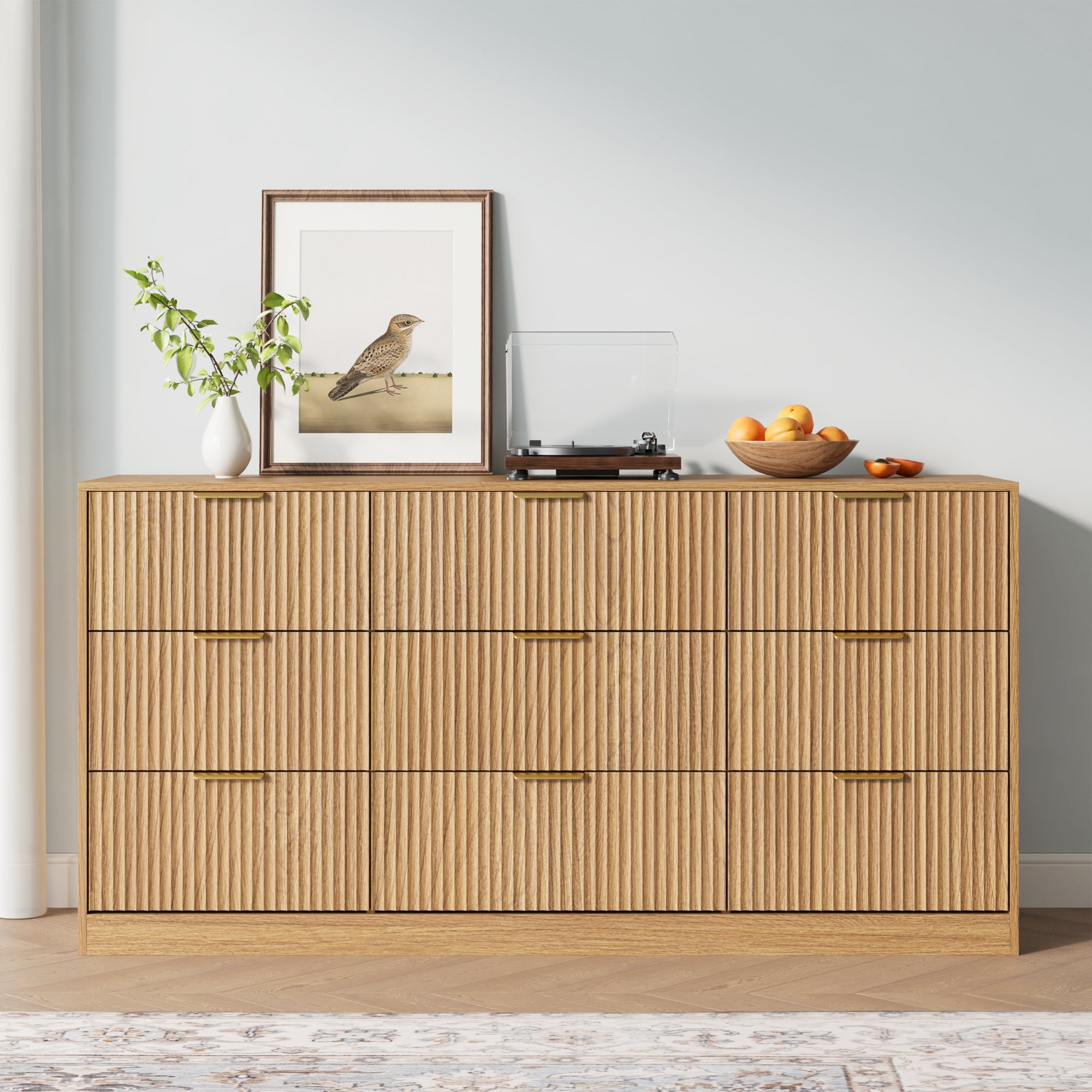 YouTrend Burlywood 9 Drawer Dresser for Bedroom,Modern Adult Fluted Wood Chest of Drawer with Golden Embedded Handles for Living Room,Hallway