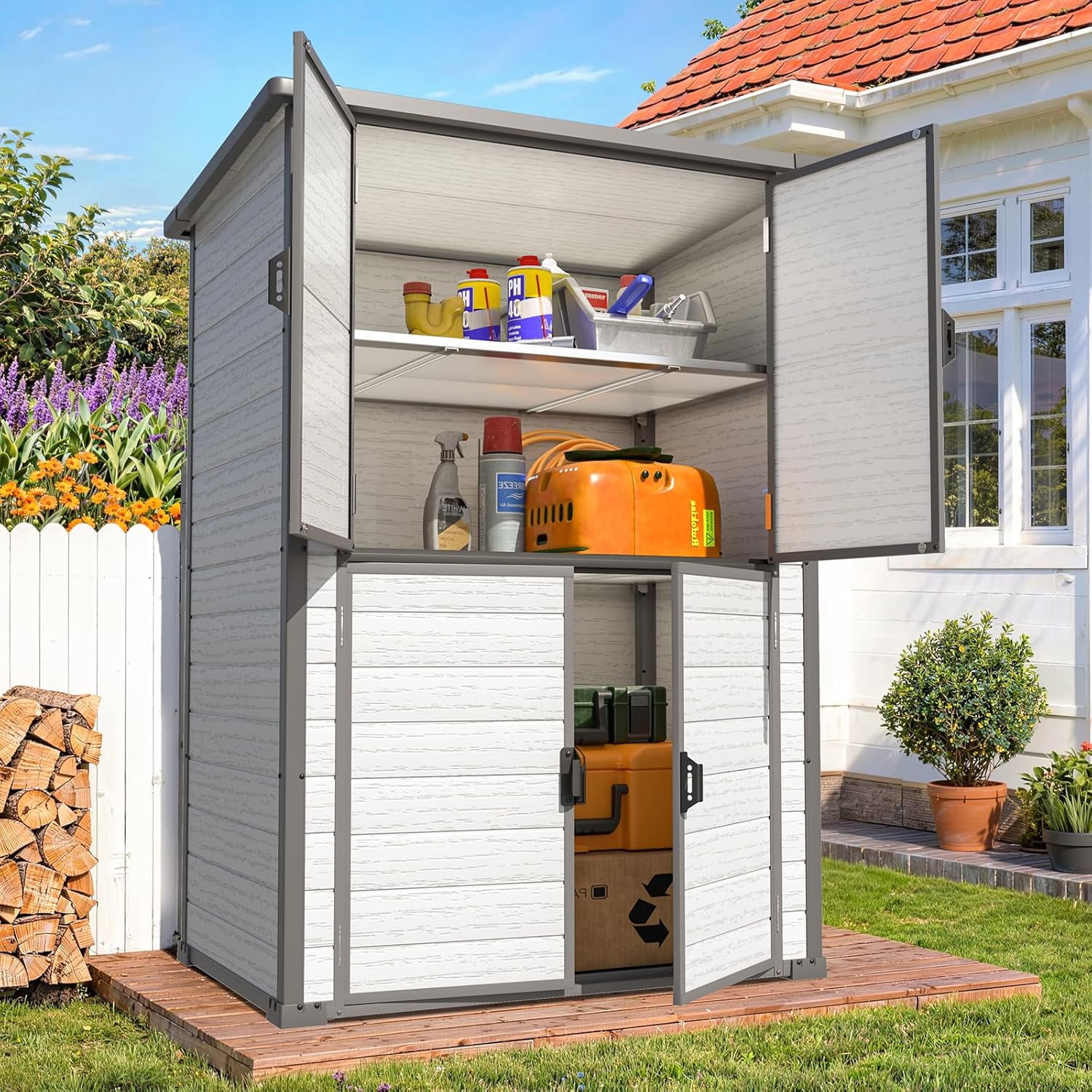YODOLLA Large 58 Cu.ft Resin Outdoor Storage Cabinet with Adjustable Shelves, Vertical Tall Plastic Storage Shed with Reinforced Floor, Weatherproof Outdoor Storage Clearance with Base