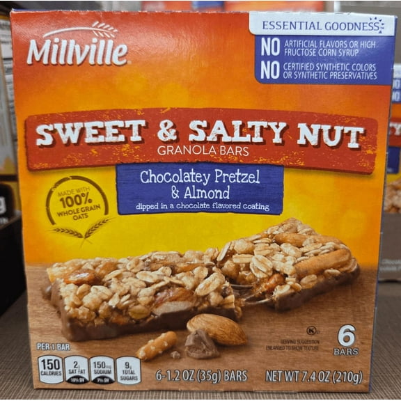 Millville Sweet & Salty Nut Granola Bars Chocolatey Pretzel & Almond 7.4oz 210g (Single Box)
