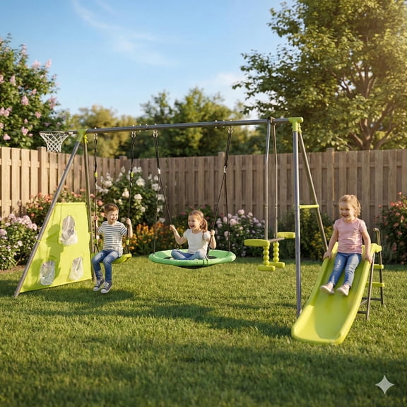 5 in 1 Outdoor Metal Swing Set with Seesaw Swing, Playground Swing Sets with Heavy-Duty A-Frame Metal Outdoor Stand, Swing Slide Playset for Kids with Basketball Hoop