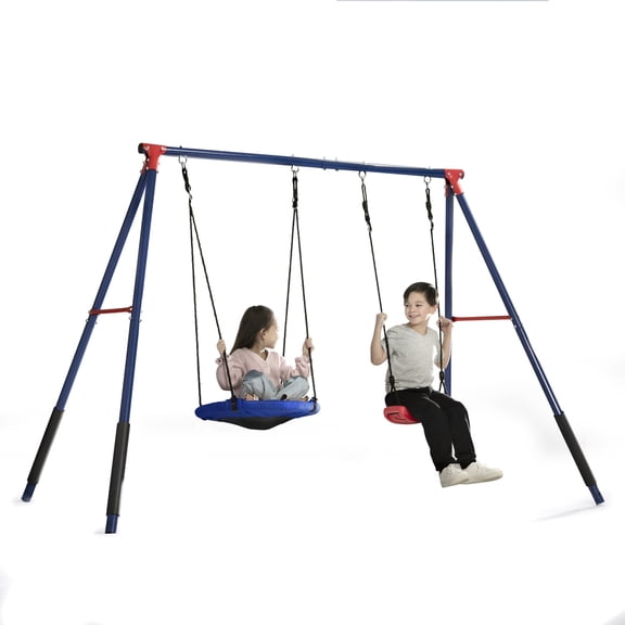 Open Box Delta Children FunZone Outdoor Metal 2-Piece Swing Set - Includes 1 Swing and 1 Disc/Saucer Swing, Blue/Red