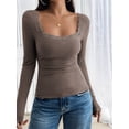 thumbnail image 3 of Womens Long Sleeve Shirts Square Neck Ribbed Knit Crop Tops Fall Outfits Fashion Clothes Coffee Color S, 3 of 8