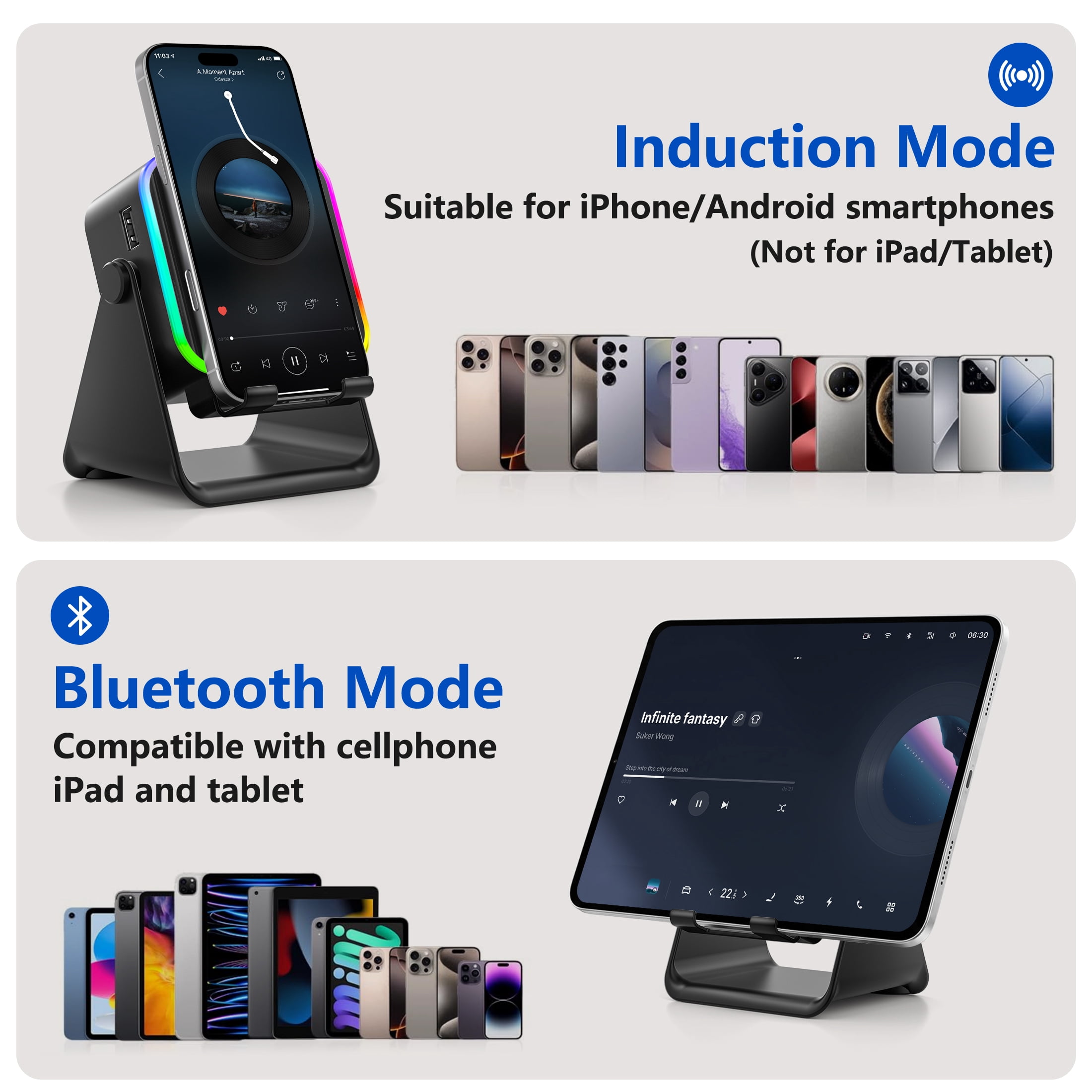 Wireless Induction Speaker, 6 in 1 Cell Phone Stand with Bluetooth Speaker, HD Stereo Sound, 5000mAh Rechargeable, Colorful Ambient Light, Compatible with Iphone/Android/Ipad, Gifts for Men Women