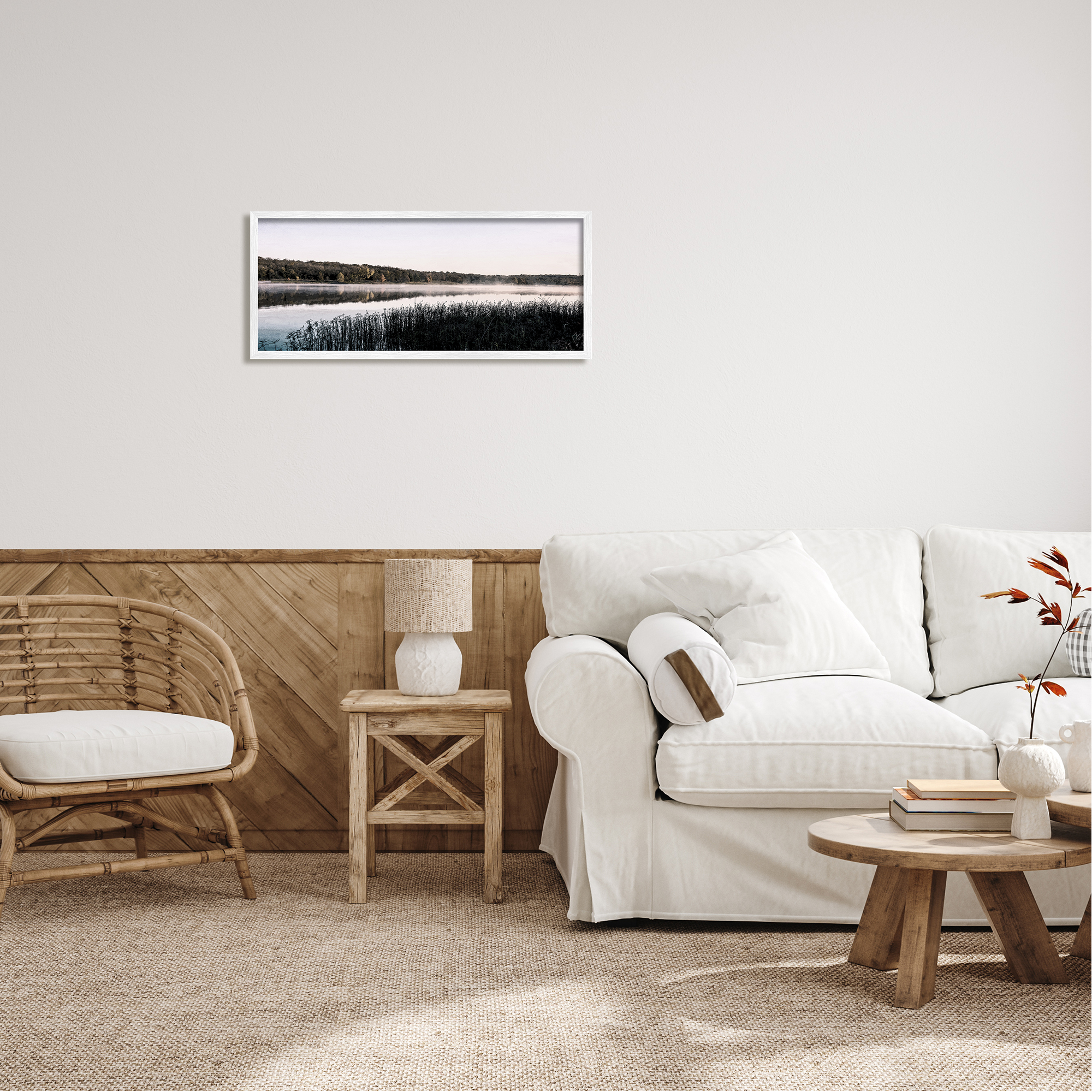 Stupell Industries Waterfront Reeds Landscape Landscape Photography White Framed Art Print Wall Art, 30 x 13