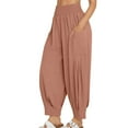 thumbnail image 2 of jtjvou Linen Harem Pants for Women Loose High Waist Elastic Drawstring Trousers Boho Wide Leg Travel Vacation Lounge Pants Brown M, 2 of 9