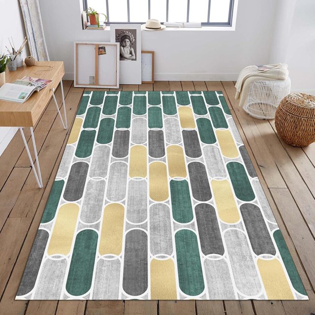 Modern Medieval Yellow Green Geometric Area Rugs, Abstract Nordic Art Home Decorative Rugs, Foldable Cozy Soft Living Room Decor Rug for Bedside Floor Living Room Study Room, 5x8ft